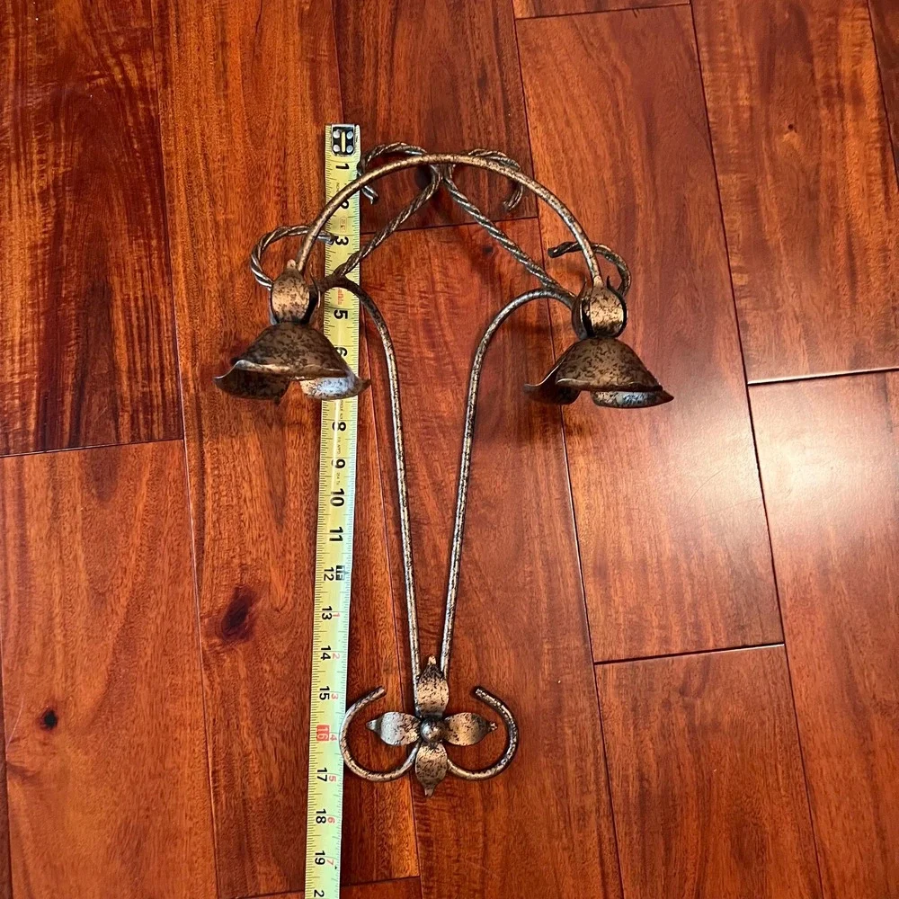 Metal Double Taper Candle Holder Wall Sconce Rustic Floral Scroll Wall Decor